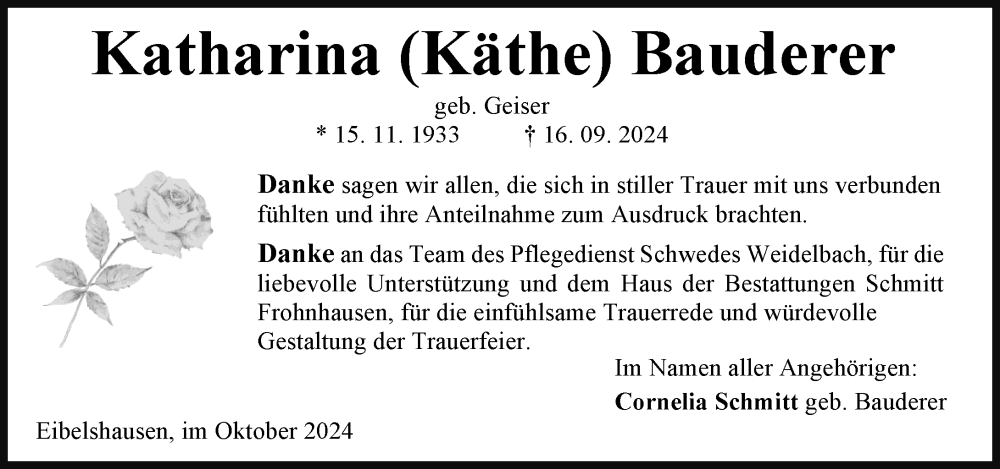  Traueranzeige für Katharina Bauderer vom 26.10.2024 aus Dill Block
