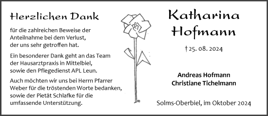 Traueranzeige von Katharina Hofmann von Wetzlarer Neue Zeitung