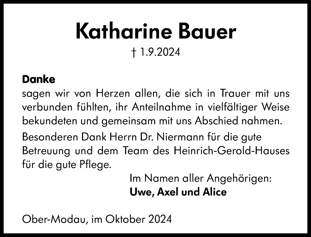  Traueranzeige für Katharine Bauer vom 05.10.2024 aus Darmstädter Echo