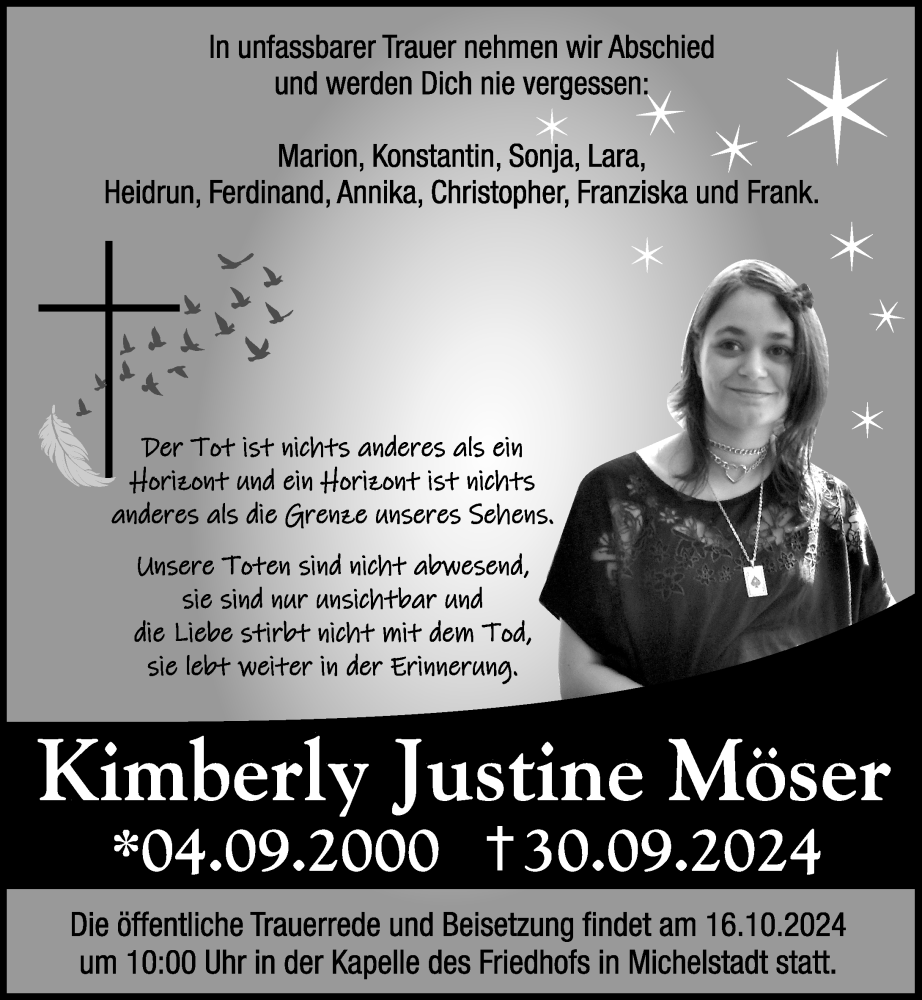  Traueranzeige für Kimberly Justine Möser vom 12.10.2024 aus Odenwälder Echo