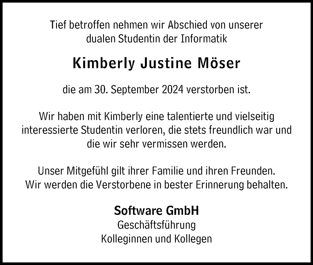  Traueranzeige für Kimberly Justine Möser vom 12.10.2024 aus Darmstädter Echo