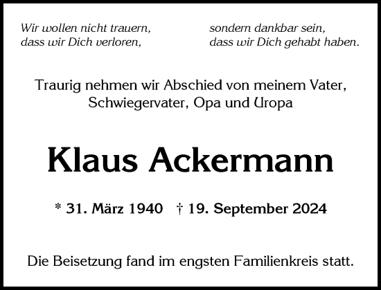 Traueranzeige von Klaus Ackermann von Wiesbadener Kurier