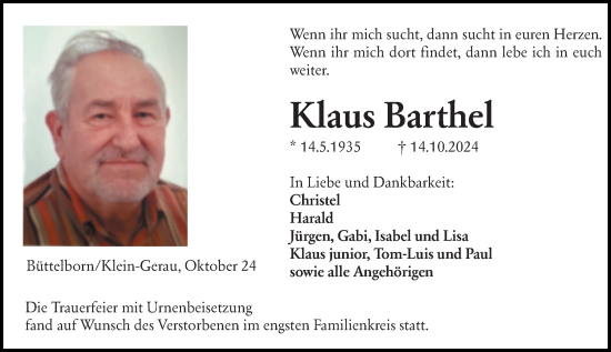 Traueranzeige von Klaus Barthel von Groß-Gerauer Echo