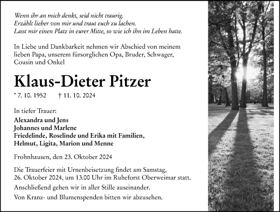 Traueranzeige von Klaus-Dieter Pitzer von Hinterländer Anzeiger