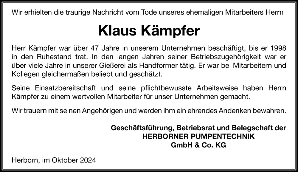  Traueranzeige für Klaus Kämpfer vom 16.10.2024 aus Dill Block