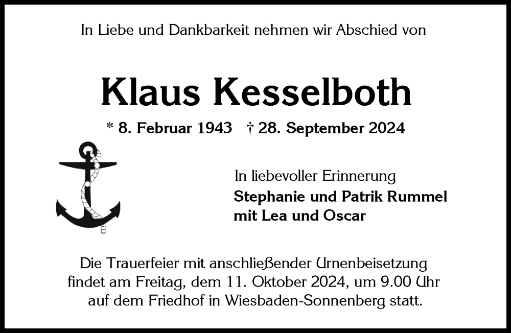  Traueranzeige für Klaus Kesselboth vom 05.10.2024 aus Wiesbadener Kurier