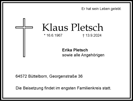 Traueranzeige von Klaus Pletsch von Groß-Gerauer Echo