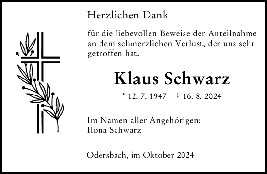 Traueranzeige von Klaus Schwarz von Weilburger Tageblatt