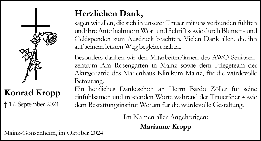  Traueranzeige für Konrad Kropp vom 19.10.2024 aus Allgemeine Zeitung Mainz