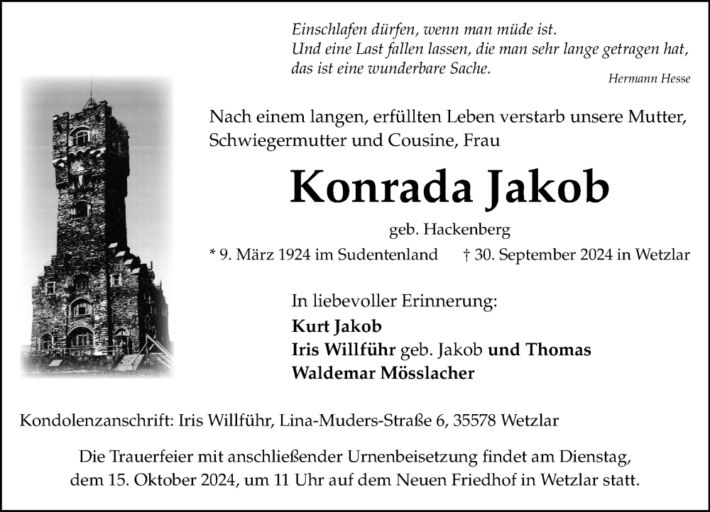  Traueranzeige für Konrada Jakob vom 10.10.2024 aus Wetzlarer Neue Zeitung