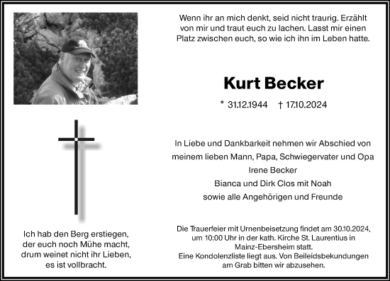 Traueranzeige von Kurt Becker von Allgemeine Zeitung Mainz