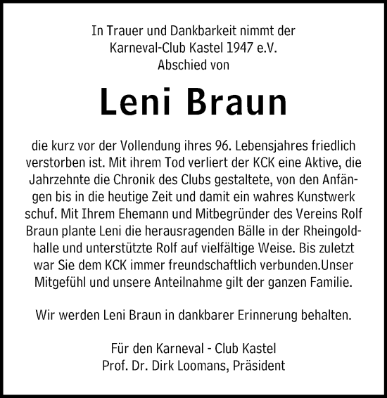 Traueranzeige von Leni Braun von Wiesbadener Kurier