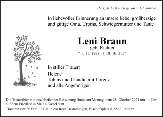 Traueranzeige von Leni Braun von Allgemeine Zeitung Mainz