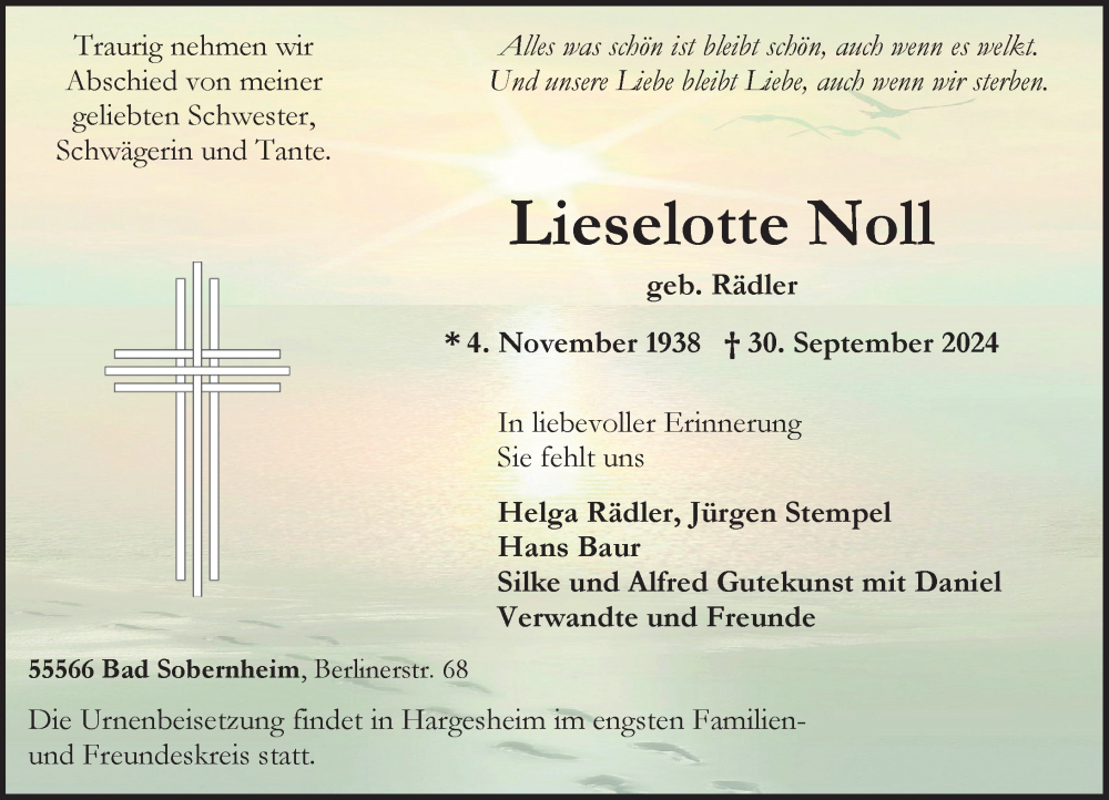  Traueranzeige für Lieselotte Noll vom 12.10.2024 aus Allgemeine Zeitung Rheinhessen-Nahe