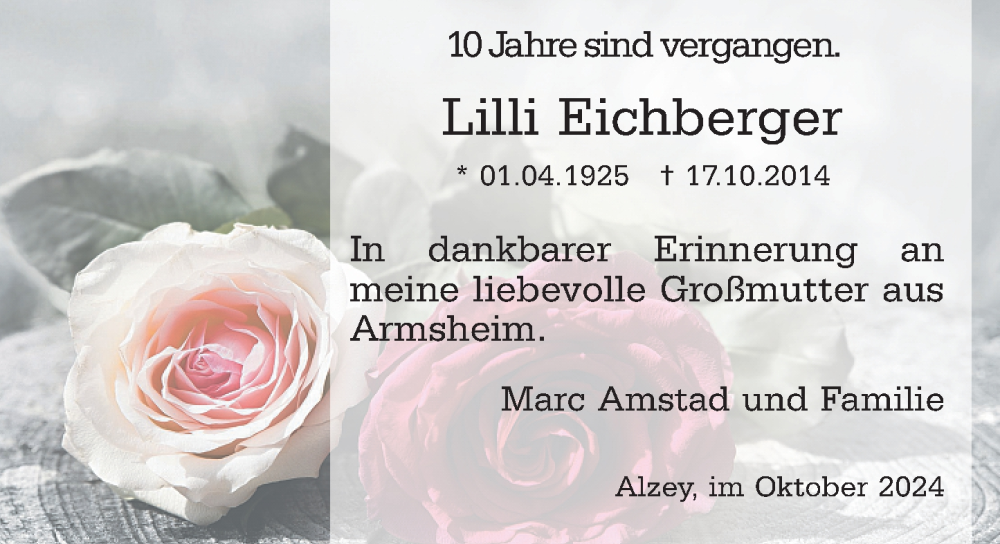  Traueranzeige für Lilli Eichberger vom 12.10.2024 aus Allgemeine Zeitung Alzey
