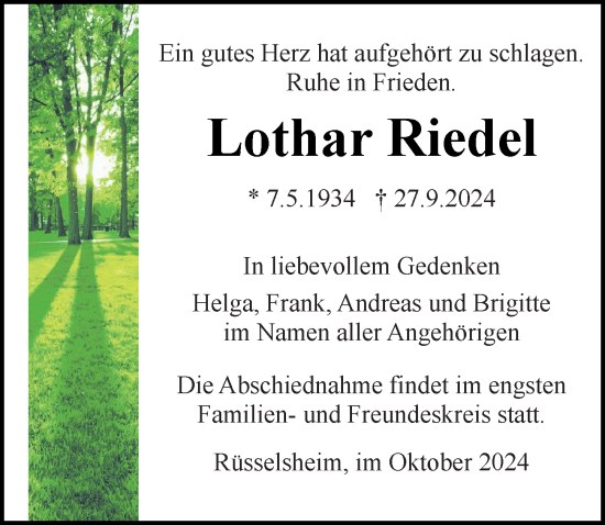Traueranzeige von Lothar Riedel von Rüsselsheimer Echo