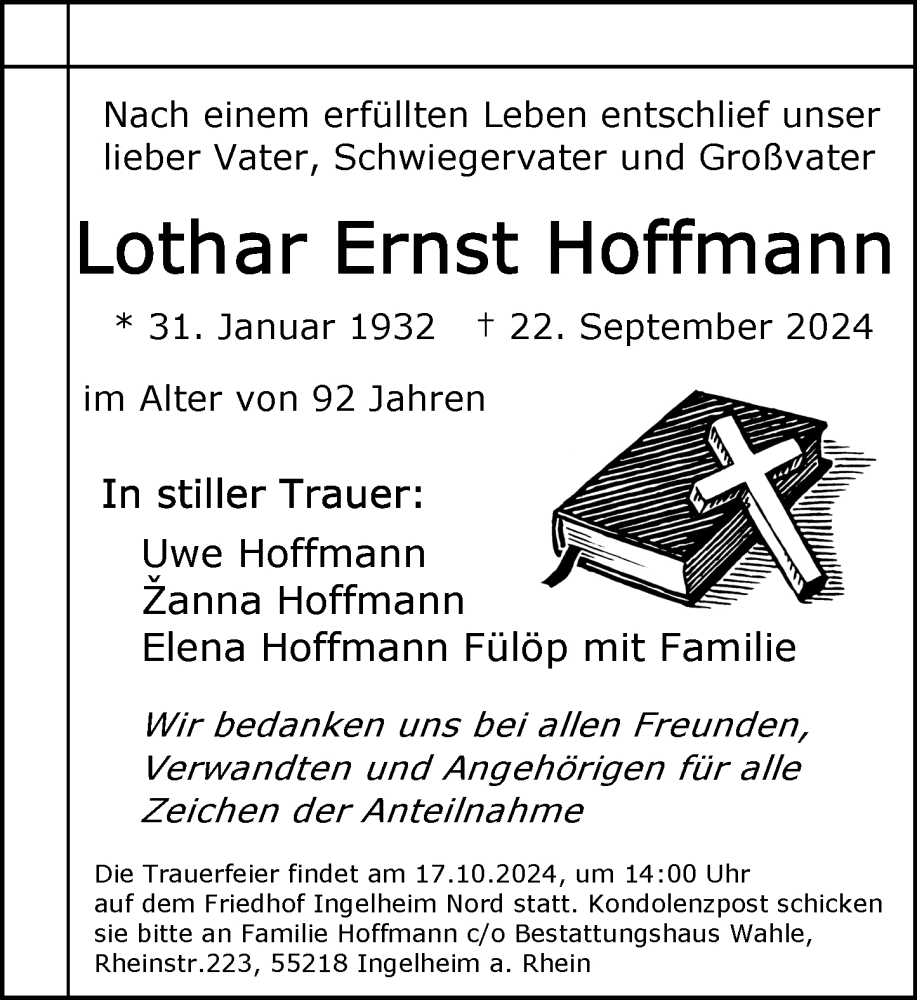  Traueranzeige für Lothar Ernst Hoffmann vom 12.10.2024 aus Allgemeine Zeitung Rheinhessen-Nahe