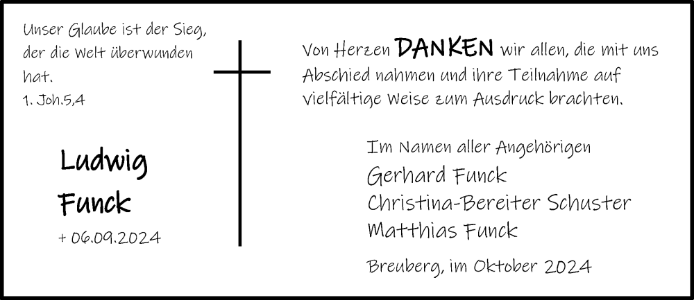  Traueranzeige für Ludwig Funck vom 12.10.2024 aus Odenwälder Echo