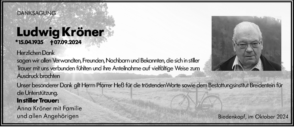  Traueranzeige für Ludwig Kröner vom 19.10.2024 aus Hinterländer Anzeiger