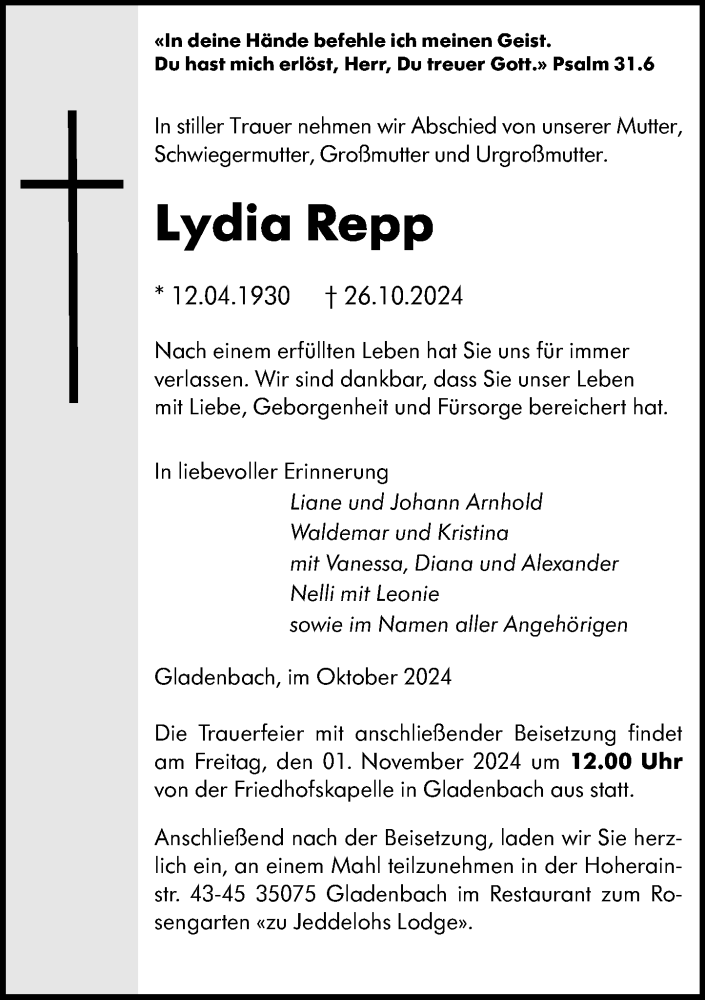  Traueranzeige für Lydia Repp vom 29.10.2024 aus Hinterländer Anzeiger