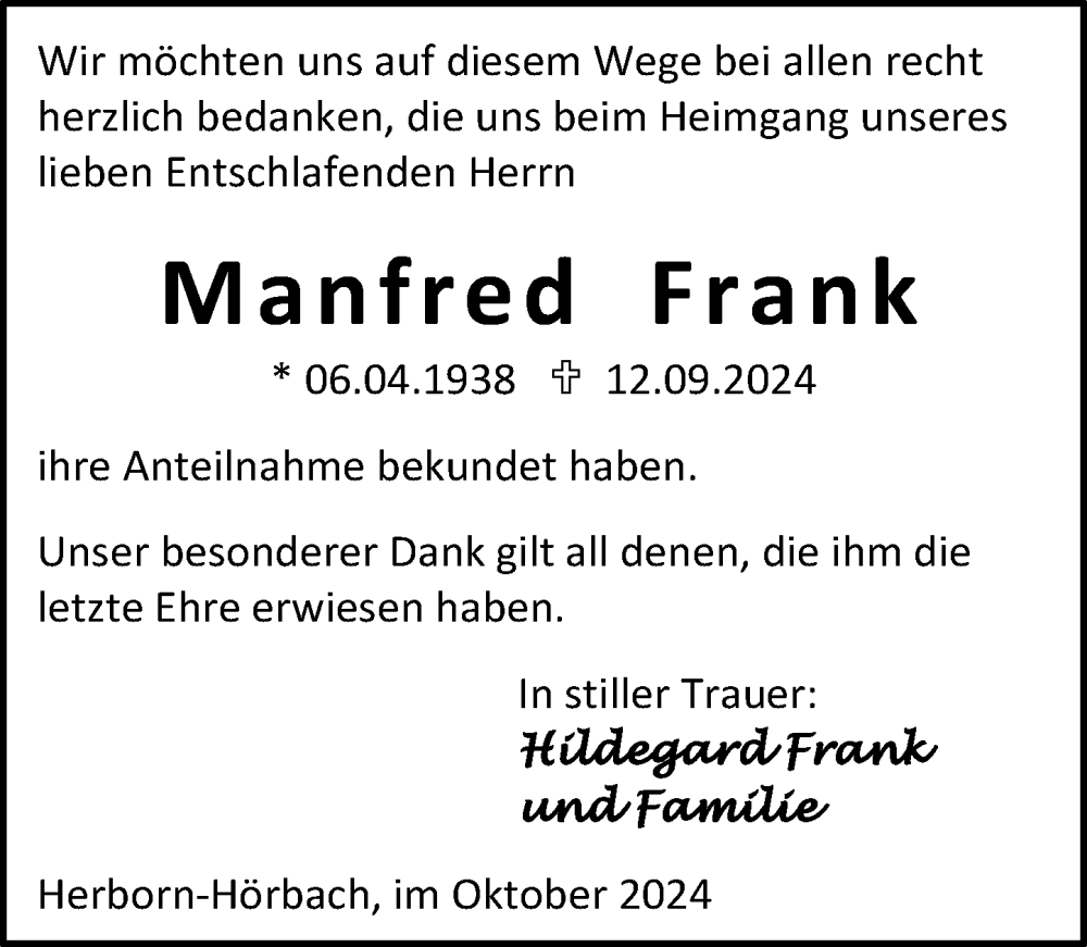  Traueranzeige für Manfred Frank vom 26.10.2024 aus Dill Block