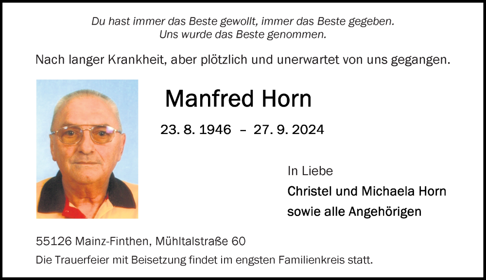 Traueranzeige für Manfred Horn vom 05.10.2024 aus Allgemeine Zeitung Mainz