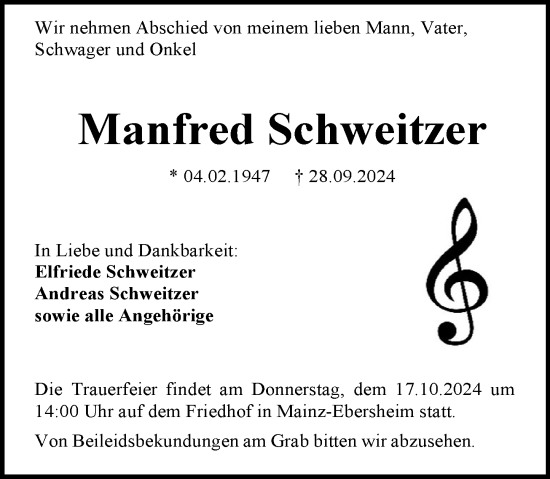 Traueranzeige von Manfred Schweitzer von Allgemeine Zeitung Mainz