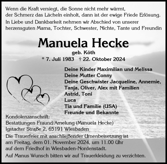 Traueranzeige von Manuela Hecke von Wiesbadener Kurier