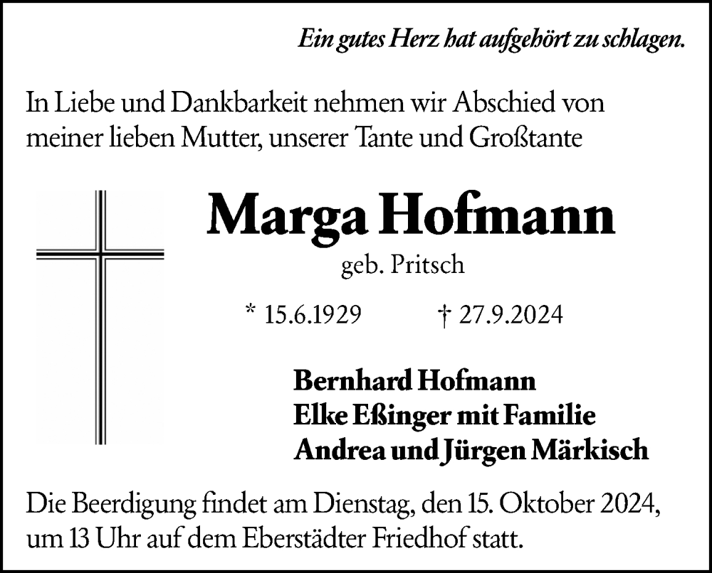  Traueranzeige für Marga Hofmann vom 05.10.2024 aus Darmstädter Echo