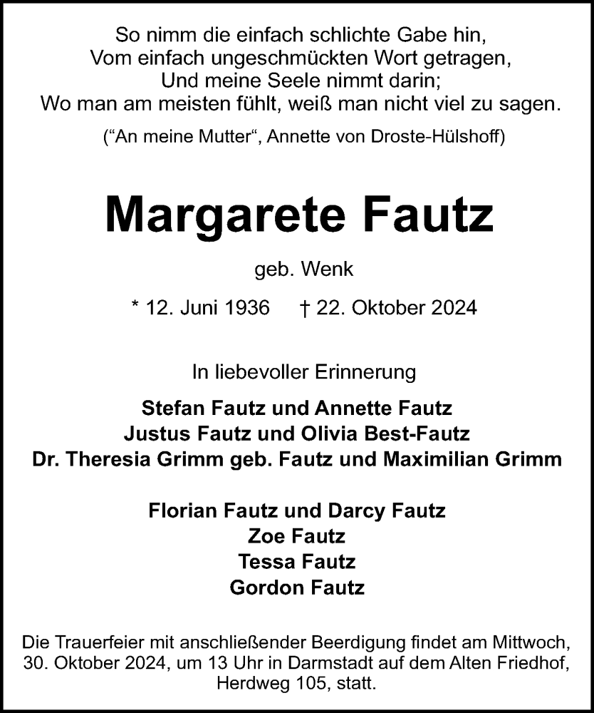  Traueranzeige für Margarete Fautz vom 26.10.2024 aus Darmstädter Echo