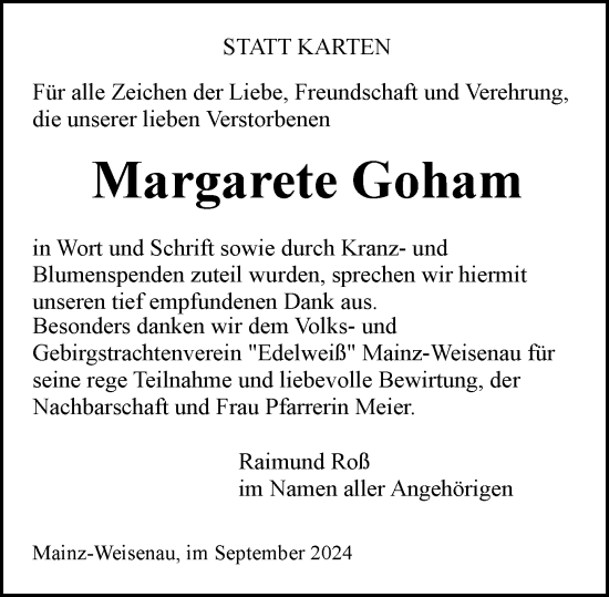 Traueranzeige von Margarete Goham von Allgemeine Zeitung Mainz