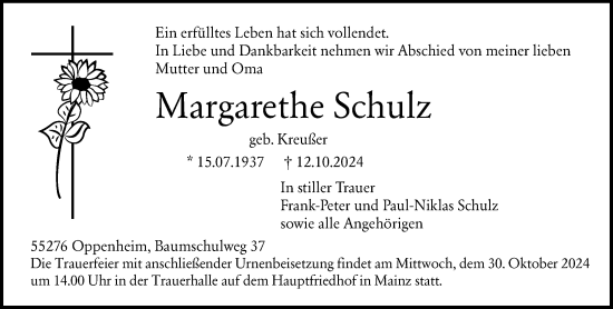Traueranzeige von Margarethe Schulz von Allgemeine Zeitung Mainz