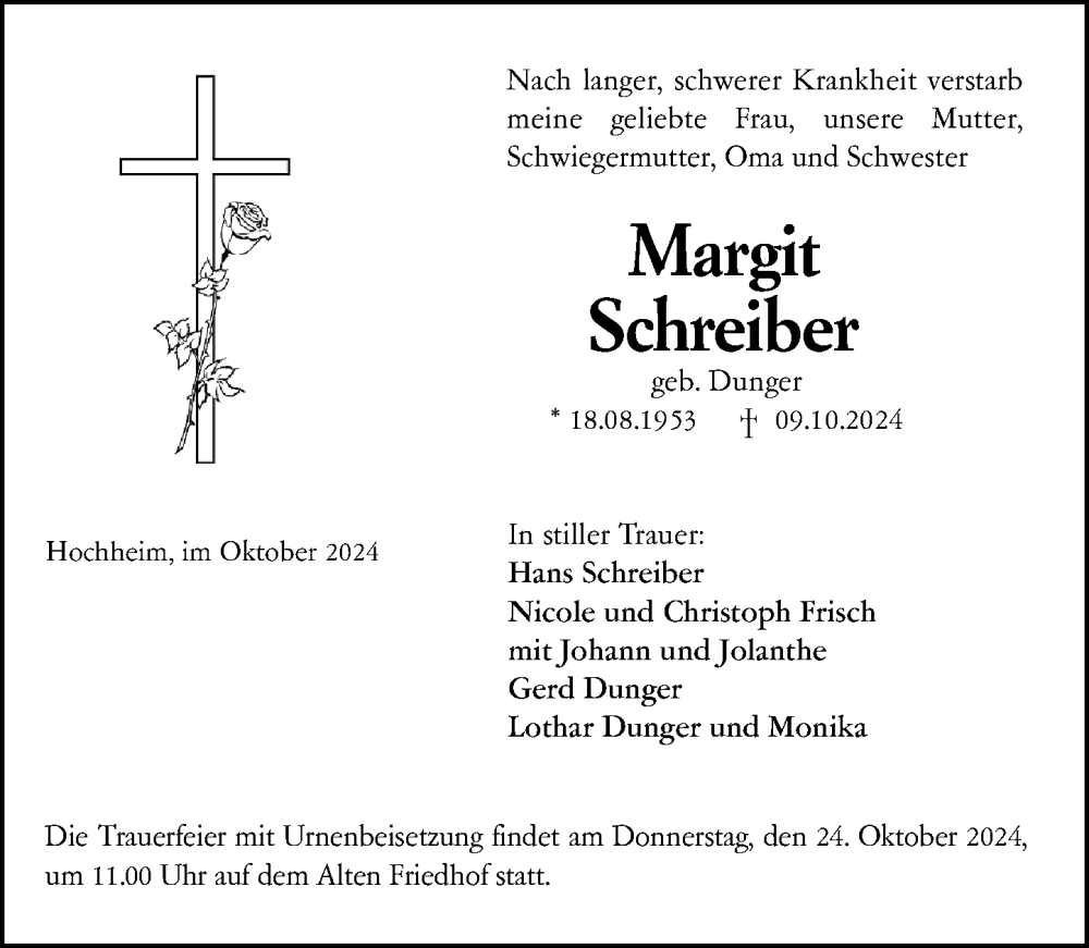  Traueranzeige für Margit Schreiber vom 18.10.2024 aus Hochheimer Zeitung