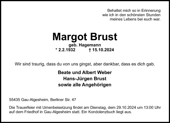 Traueranzeige von Margot Brust von Allgemeine Zeitung Rheinhessen-Nahe