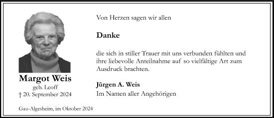 Traueranzeige von Margot Weis von Allgemeine Zeitung Rheinhessen-Nahe