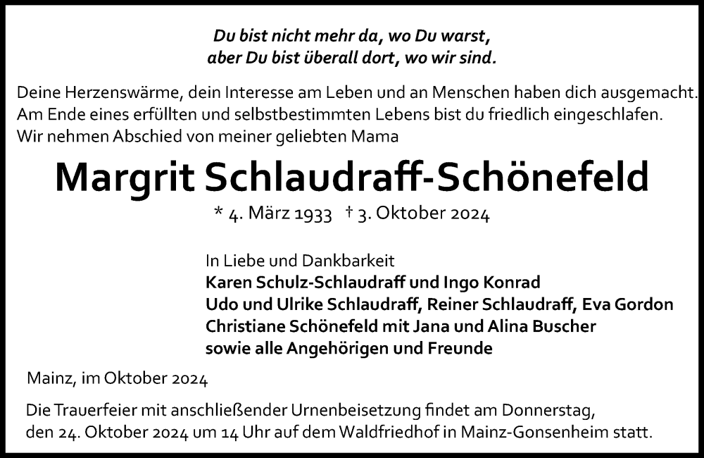  Traueranzeige für Margrit Schlaudraff-Schönefeld vom 19.10.2024 aus Allgemeine Zeitung Mainz