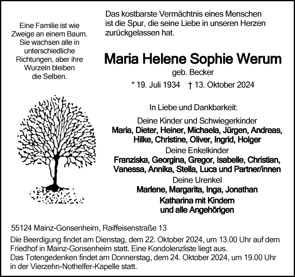  Traueranzeige für Maria Helene Sophie Werum vom 19.10.2024 aus Allgemeine Zeitung Mainz