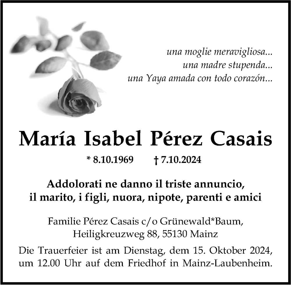 Traueranzeige für Maria Isabel Perez Casais vom 12.10.2024 aus Allgemeine Zeitung Mainz