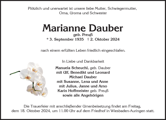 Traueranzeige von Marianne Dauber von Wiesbadener Kurier