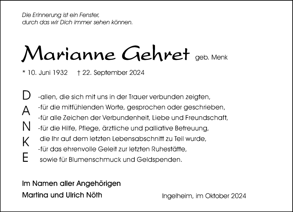  Traueranzeige für Marianne Gehret vom 26.10.2024 aus Allgemeine Zeitung Rheinhessen-Nahe