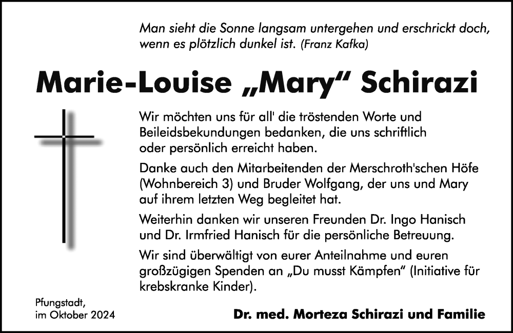  Traueranzeige für Marie-Louise  Schirazi vom 26.10.2024 aus Darmstädter Echo