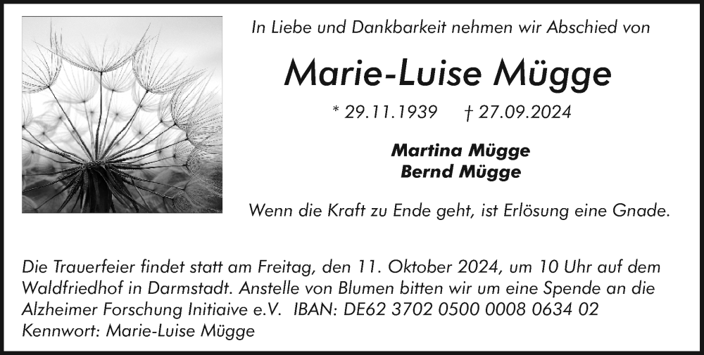  Traueranzeige für Marie-Luise Mügge vom 05.10.2024 aus Darmstädter Echo
