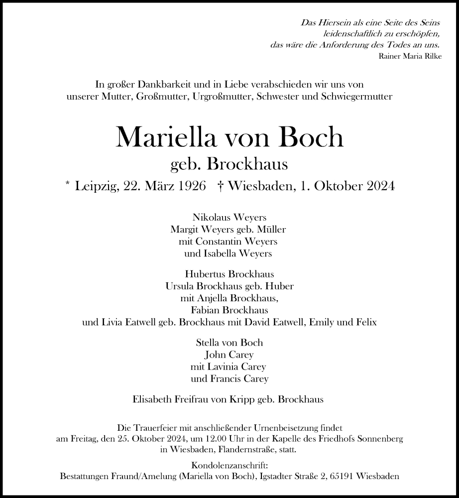  Traueranzeige für Mariella von Boch vom 12.10.2024 aus Wiesbadener Kurier