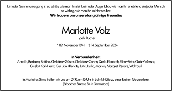 Traueranzeige von Marlotte Volz von Darmstädter Echo