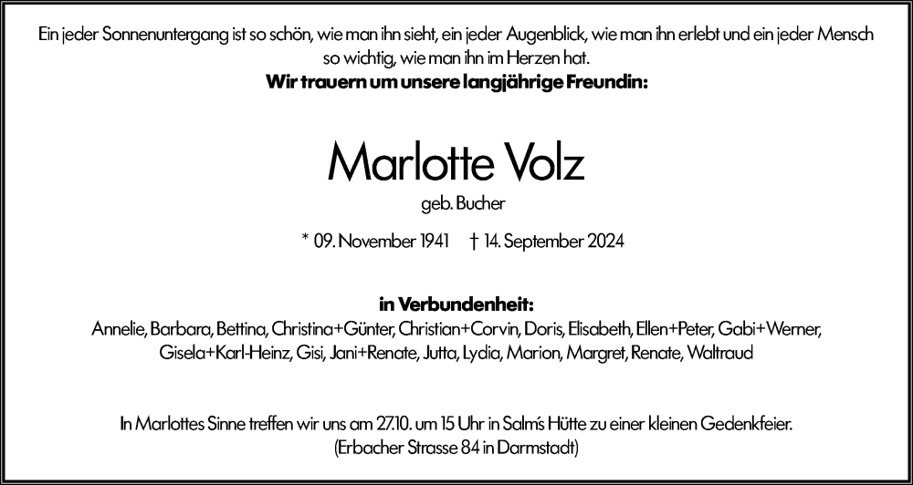  Traueranzeige für Marlotte Volz vom 12.10.2024 aus Darmstädter Echo