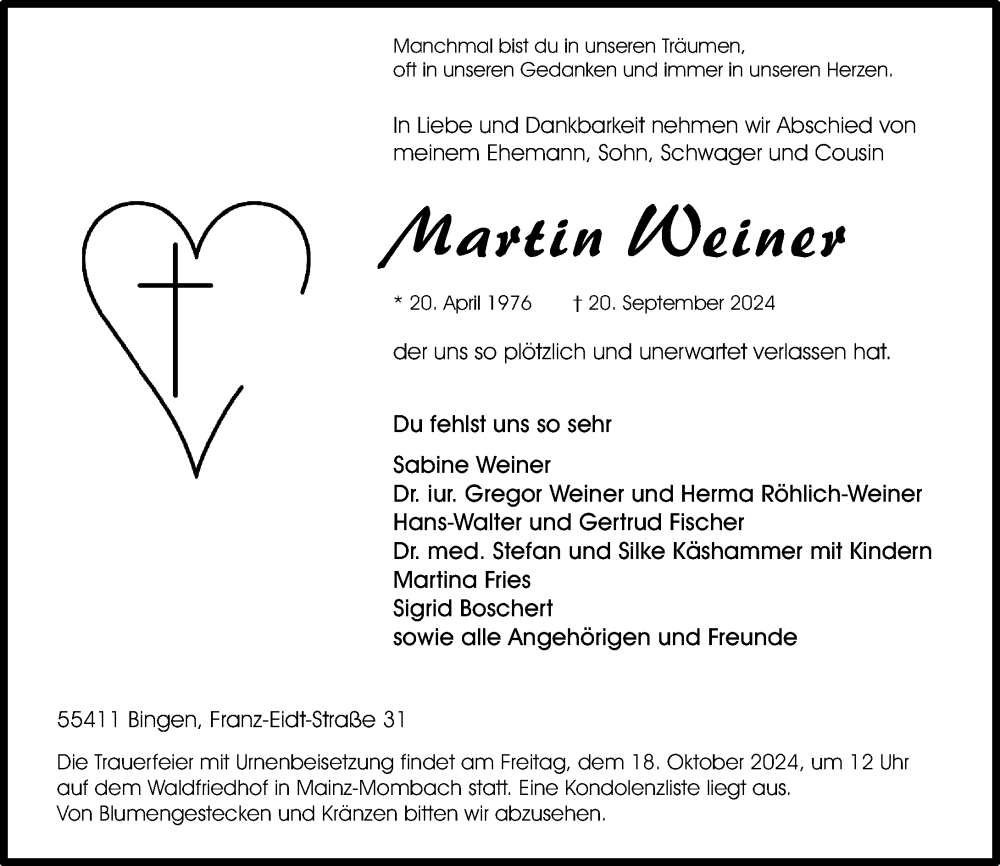  Traueranzeige für Martin Weiner vom 12.10.2024 aus Allgemeine Zeitung Rheinhessen-Nahe