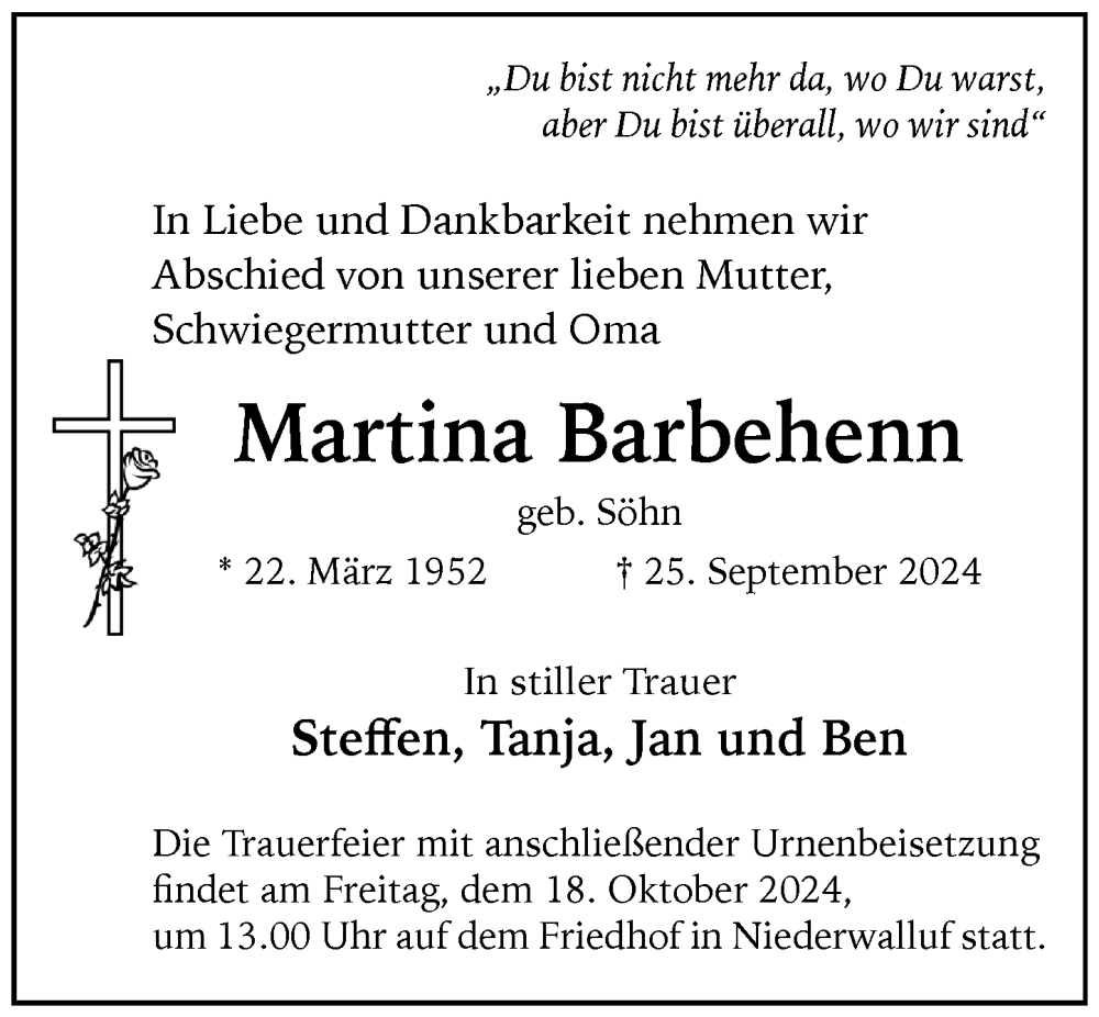  Traueranzeige für Martina Barbehenn vom 12.10.2024 aus Rheingau Kurier