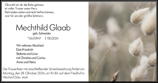 Traueranzeige von Mechthild Glaab von Odenwälder Echo