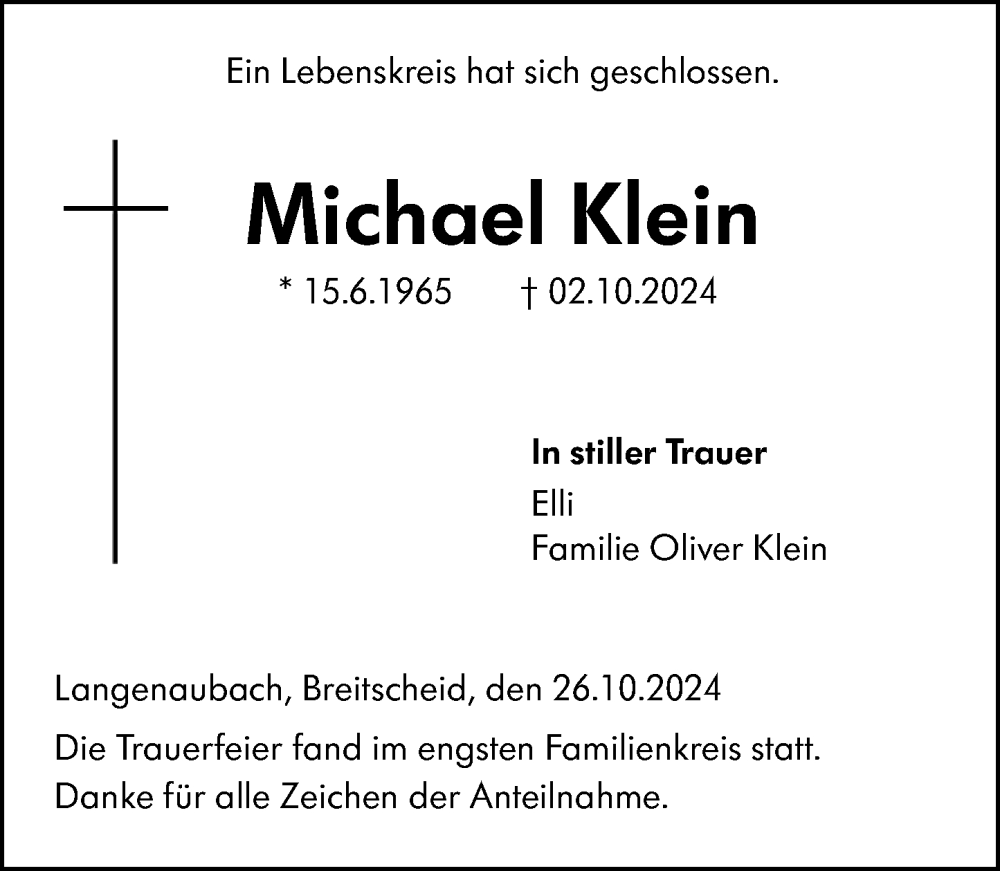  Traueranzeige für Michael Klein vom 26.10.2024 aus Dill Block