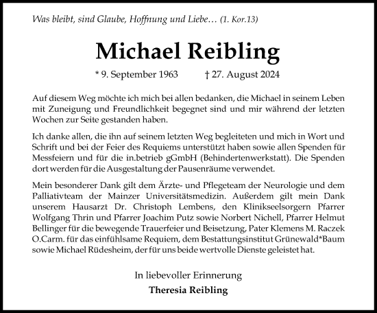 Traueranzeige von Michael Reibling von Allgemeine Zeitung Mainz